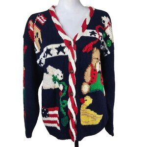 VTG Eagles Eye Hand Knit Chunky Christmas Cardigan M Rocking Horse Artsy USA